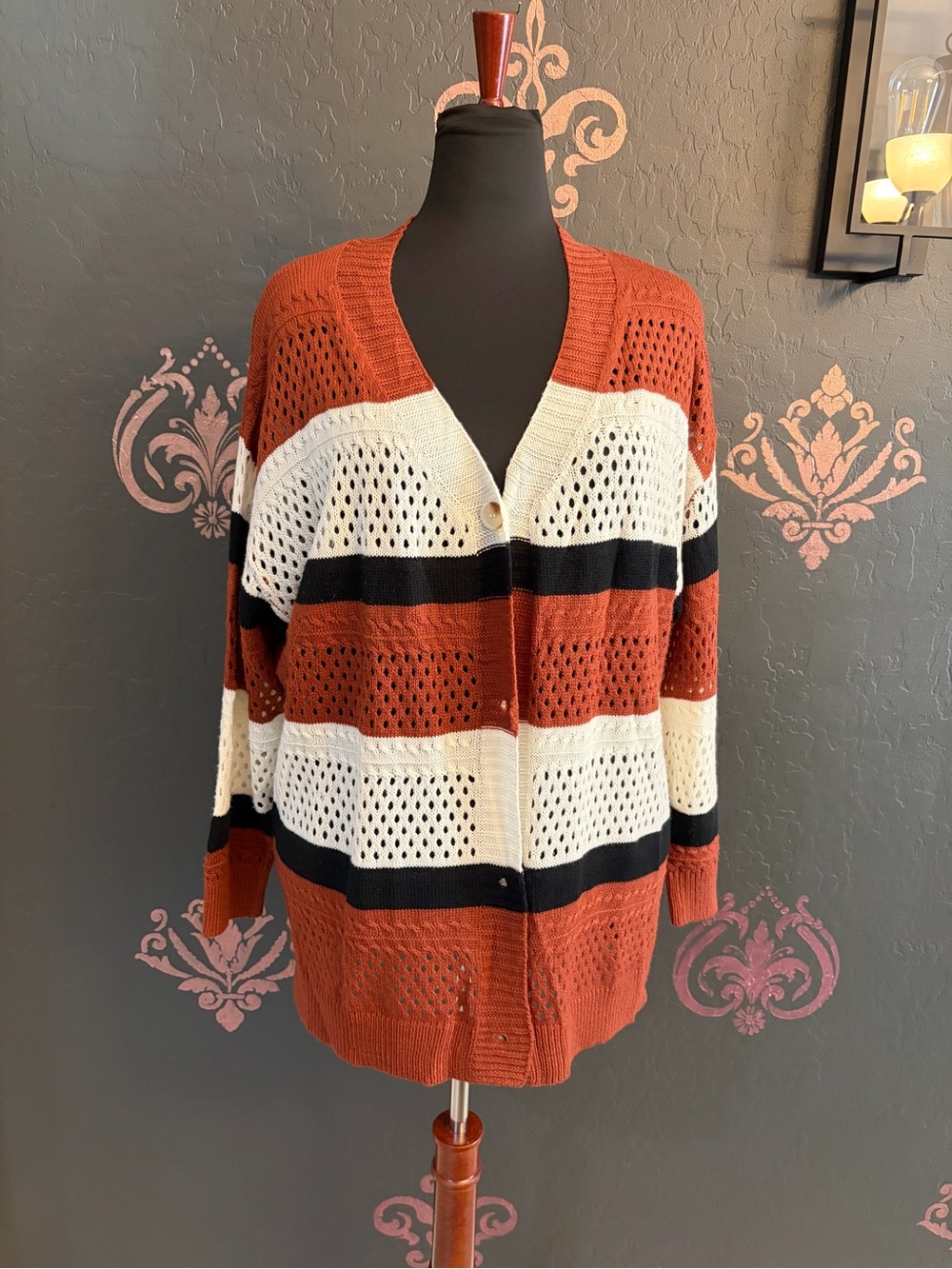 BloomChic Rust, Cream & Black Striped Open-Knit Cardigan